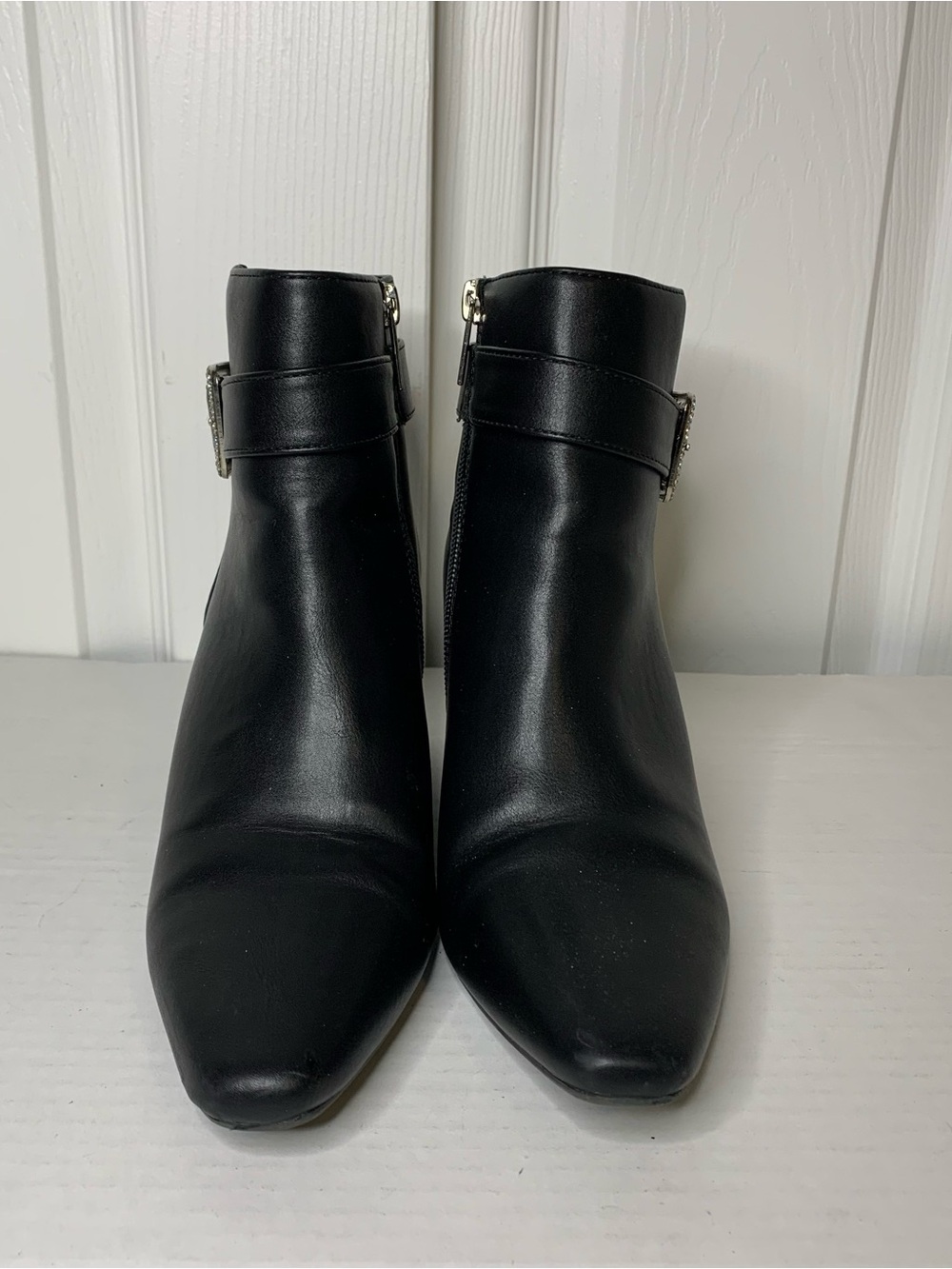 Jones NY Dellon Black Wedge Ankle Boots with Rhinestone Buckle - Picture 2 of 8